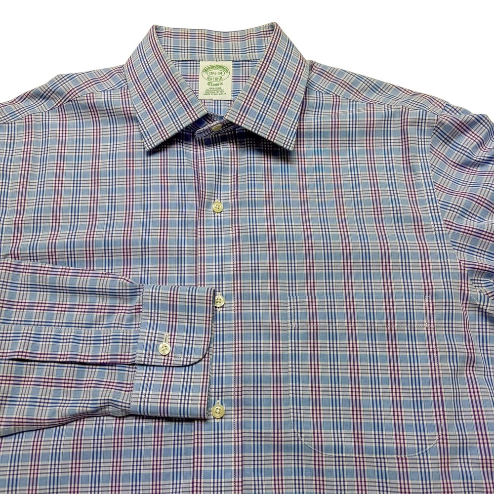 Brooks Brothers Shirt Mens 15.5 34 Blue Red Check Classic Non Iron Supima Cotton